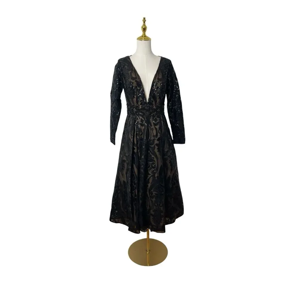 Mac Duggal Black and Gold Sequin Midi Dress